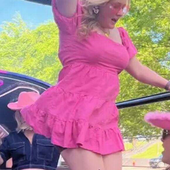 Louna Pink Peasant Babydoll Mini Dress XL Fit n Flare Linen Puff Sleeve $150 - Picture 5 of 13